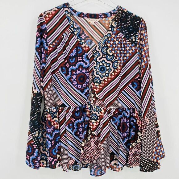 Nanette Lepore Size Medium Floral Striped Boho Bell Sleeve Peplum Blouse Top - Picture 1 of 7